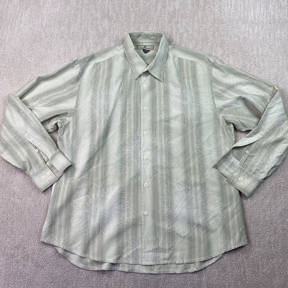 Tommy Bahama Shirt Mens XL Beige Green Brown Silk Blend Long Sleeve